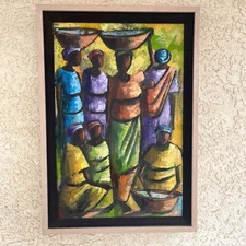Caribbean Folk Art Painting Villagers Signed Original VTG Canvas Framed 19x27