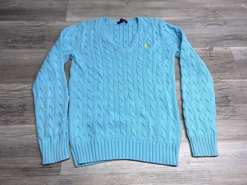 Ralph Lauren Womens Teal Blue Cable Knit V-Neck Sweater Size M Preppy Slim Fit - 第 1/8 張圖片