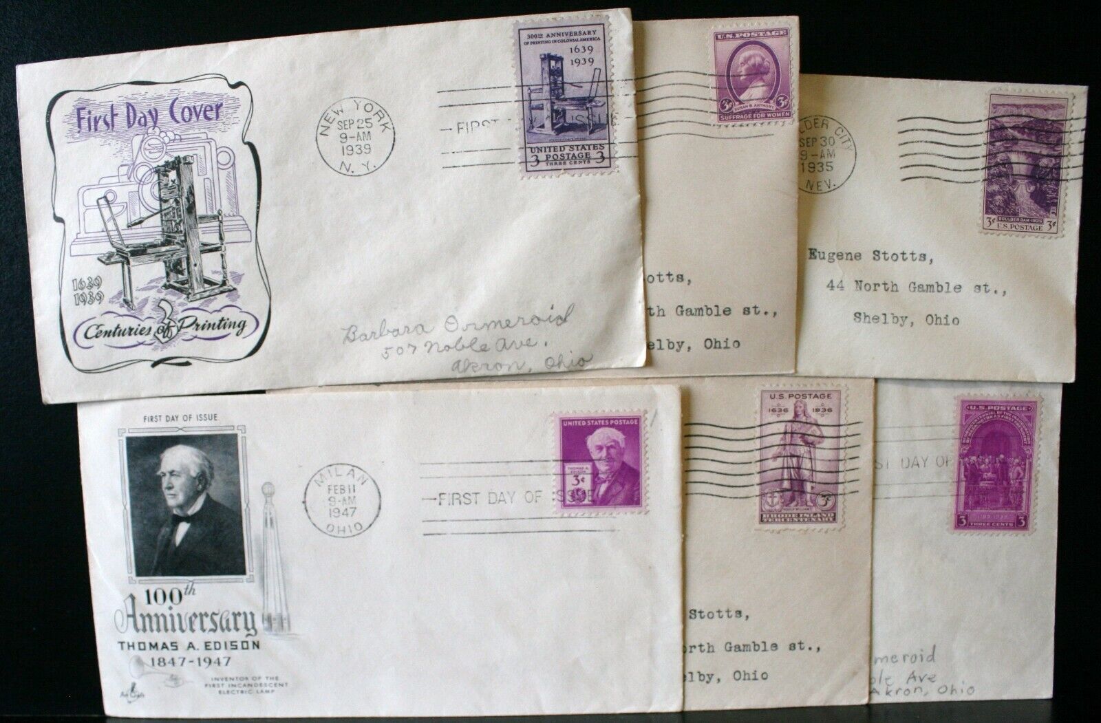 6 VINTAGE US FIRST DAY ISSUE STAMP 1935,2-36,2-39,47,EDISON 19TH AMEND DAM  (15