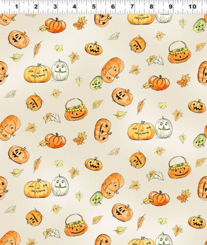 Halloween Parade Pumpkins Y4111-57 Cream Fabric Jeram BTHY CATS KIDS DOGS BATS - Picture 3 of 3