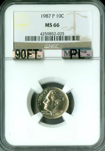 1987 P ROOSEVELT DIME NGC MS66 MAC 90FT PL RARE LOW POP $400 IN FT *