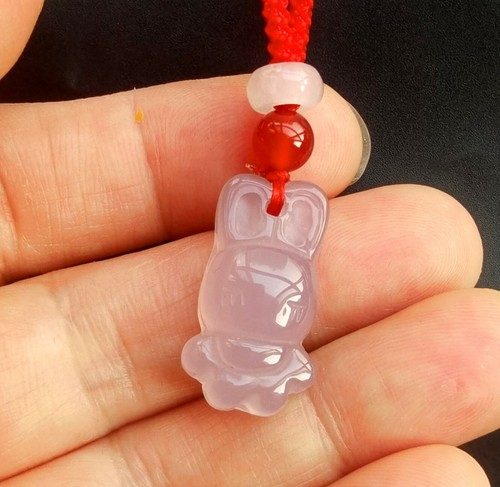 Rabbit Pink purple Chalcedony Agate stone Pendant,Blessing red rope necklace - Picture 10 of 12
