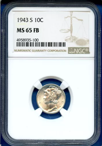 1943 S NGC MS65FB Mercury Dime 10c US Mint Coin Silver Better 1943-S MS-65 FB 