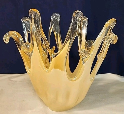 Murano Linea Astuni Gold Yellow Abstract Art Glass Vase Basket Italy - Picture 5 of 15