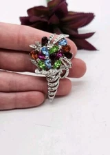 Vintage Brooch Pin Bouquet Flower Floral Multicolor Rhinestones Silver Tone