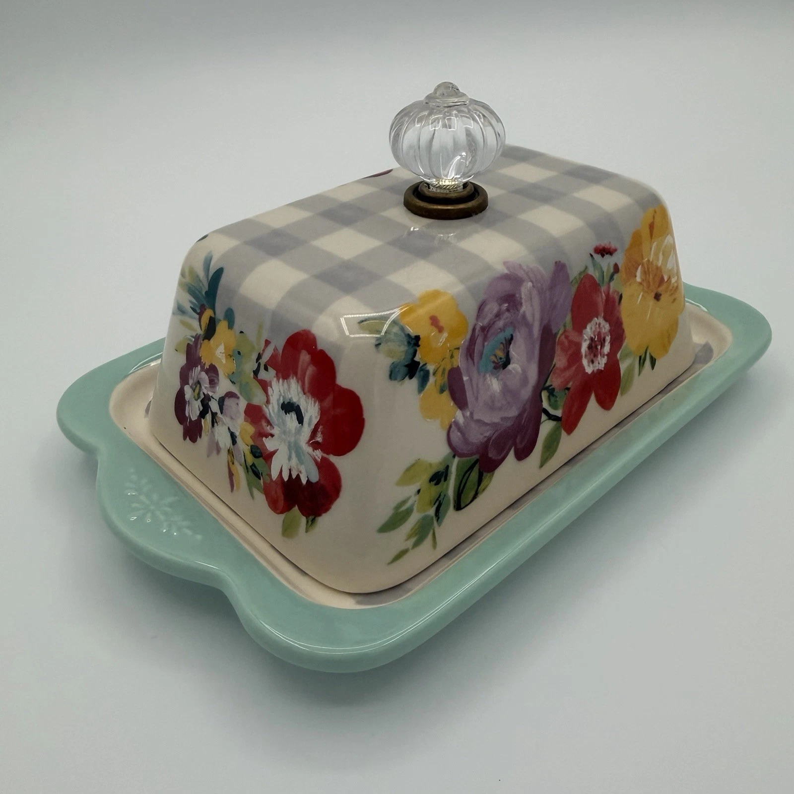 The Pioneer Woman Butter Dish Floral Gingham Aqua Stoneware Covered Dish