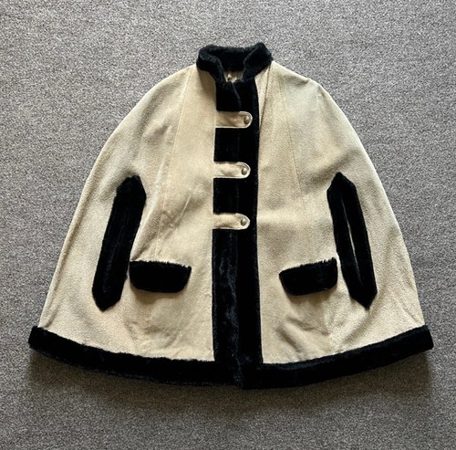 Poncho mantello vintage anni 70 con pelliccia scamosciata | marrone e nero | après ski alpino glam