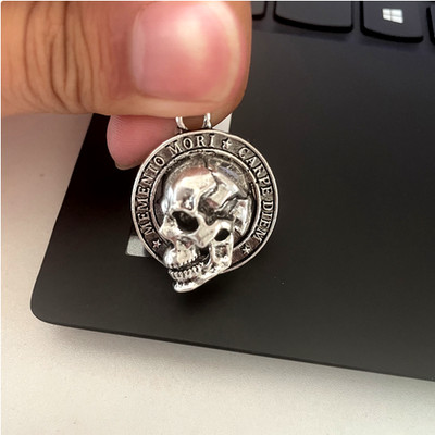 MOMENTO MORI CARPE DIEM SKULL DEATH Pendant on 22'' 925 Plate Silver Necklace Men