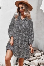 Animal Print Button Down A Line Lantem Sleeve Dress