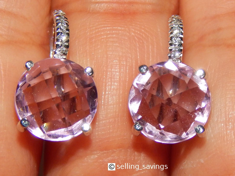 ORO BLANCO 14K CUARZO ROSA Y DIAMANTE 6/10 PULGADAS PALANCA TRASERO PENDIENTES COLGANTES HUGGIE Foto 2 de 4