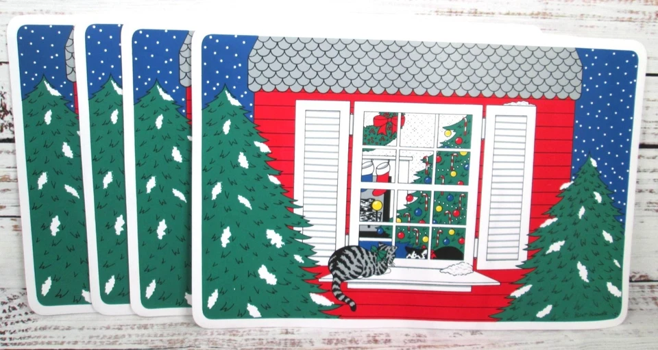 Vintage Katze Weihnachten Vinyl Tischset 4er Set bunt rot blau Fensterbank Baum