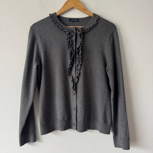 Lands End Strickjacke Damen Medium 12 grau Rüschen feminin Academia adrette Knöpfe