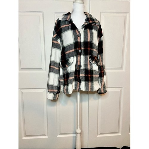 SHEIN Women Plaid Fleece Shacket Button Front Flap Pocket Jacket White Black L