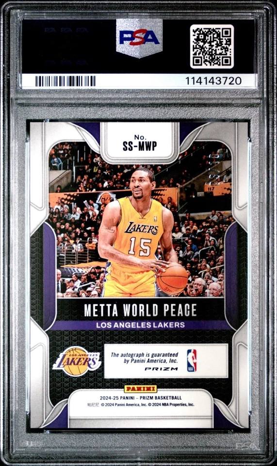 PANINI PRIZM META WORLD PEACE 2024 BRILLO DORADO AUTOMÁTICO/10 PSA 10 POP 1 Lakers Foto 2 de 3
