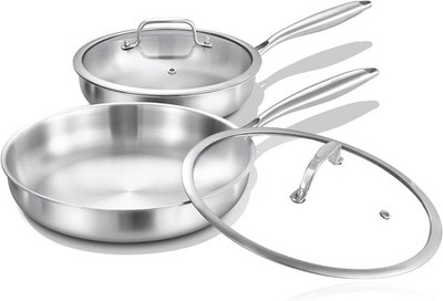 2-teiliges komplett verkleidetes dreilagiges Bratpfannenset mit Deckel, 24/28 cm - Edelstahl