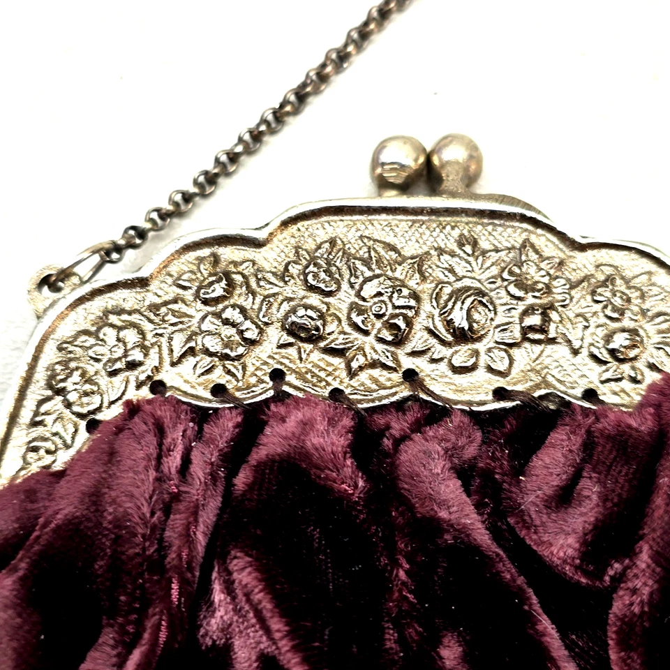 Vintage Velvet Evening Purse w/ Floral Metal Frame & Chain – Deep Plum – 9" Drop - Image 2 of 4