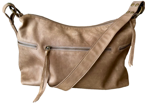 Vintage Chen & Derington Umhängetasche/Geldbörse Distressed Leder Taupe Messenger - Bild 1 von 13