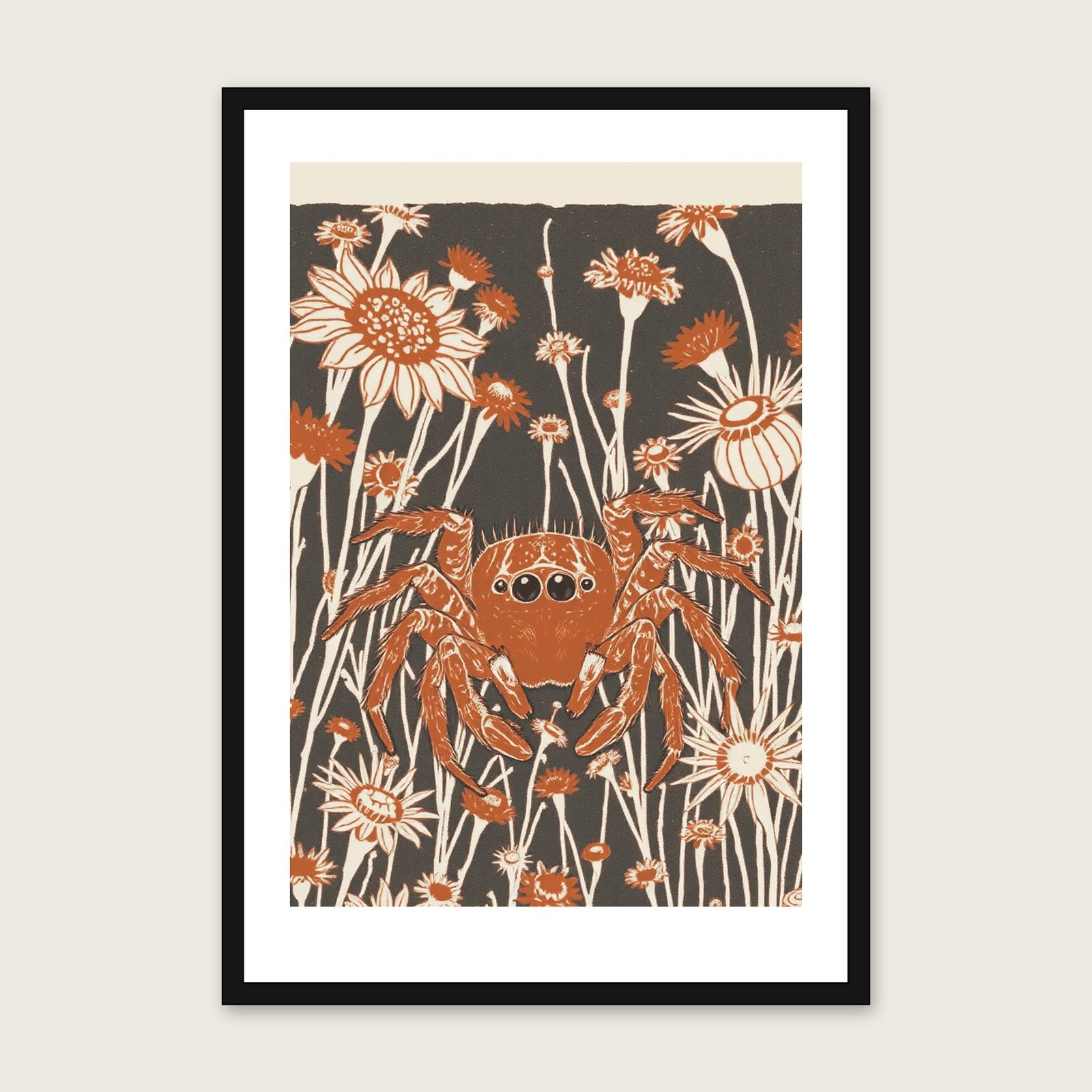Trapdoor Spider Animal Wall Art - Bold Colour Linocut Framed Print ...