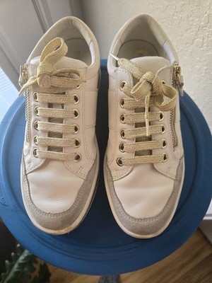 Girl's Geox Respira White Beige Sneakers Zipper Lace Up Low Top Athletic Shoes