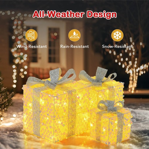 3 PCS Christmas Lighted Gift Boxes with 90 LED Lights Zip Ties Ground Stakes - 第 3/10 張圖片