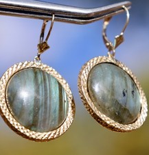 14K YELLOW GOLD LABRADORITE 1.6" LONG 10.5GRAMS DANGLE DROP DISK EARRINGS