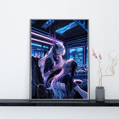 Cyberpunk AI Girl Poster Neon Sci-Fi Anime Art Futuristic Gaming Room Decor