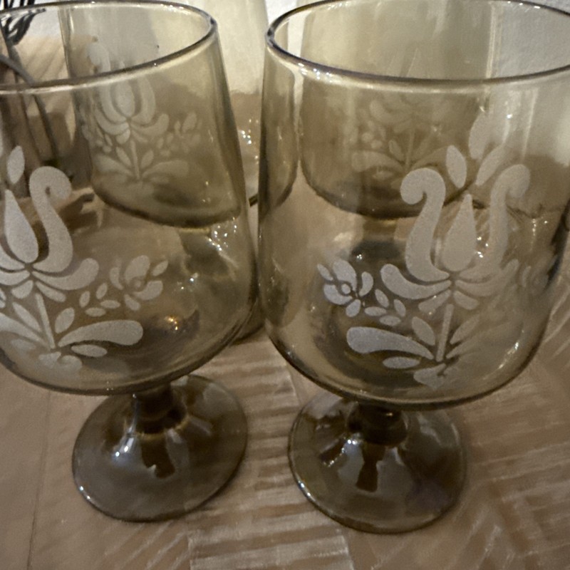 Pfaltzgraff USA Village Etched Wine Water Goblets brown  1970s set-4 6 in