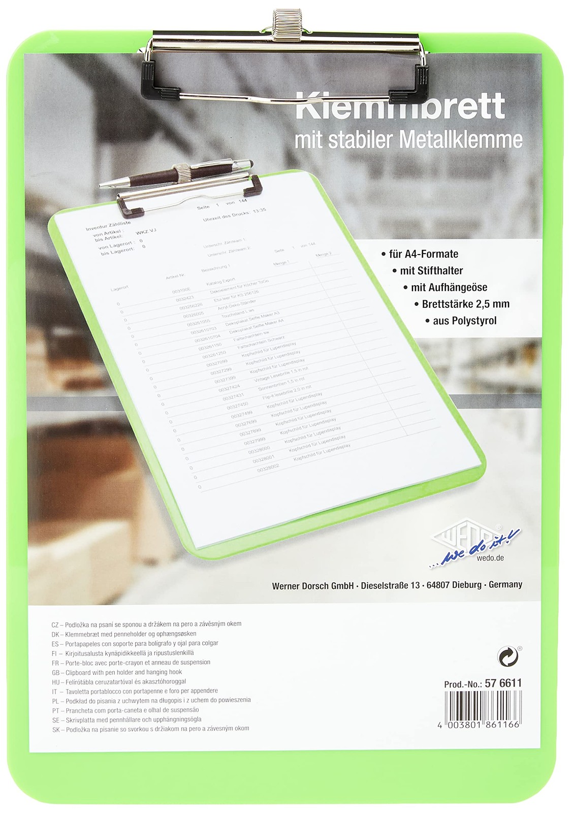 Wedo 576611 A4 Clipboard with Pen Holder - Green Green with pen holder