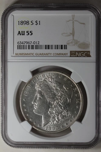 1898-S  $1  NGC  AU55  Morgan Silver Dollar, Miss Liberty Head Dollar.
