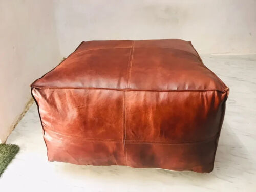 18X18 Boho Large Square Coffee Table Pouf in Distressed Brown Leather - Picture 4 of 7