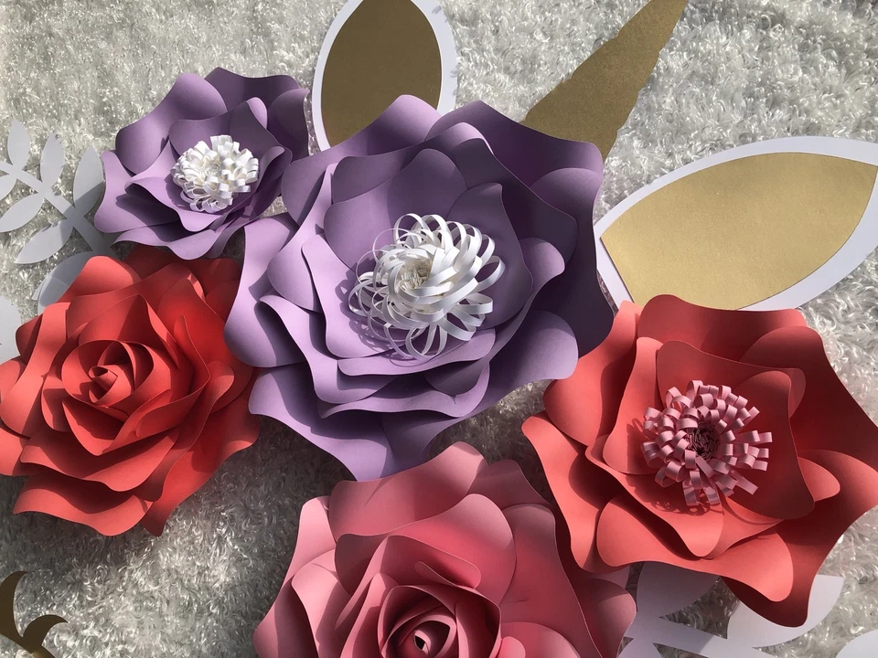 ЕДИНОРОГ бумаги цветы набор из 6 с листьями, фон, единорог вечеринки, спальня - Изображение 4 из 4