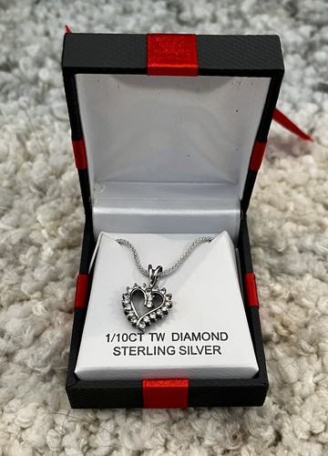 New Macy's 1/10CT TW Diamond Sterling Silver Heart Necklace w/ Gift Box