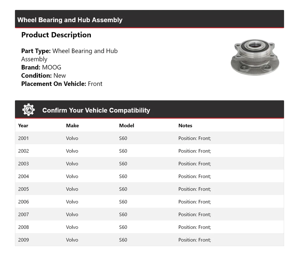 Conjunto de cojinete de rueda y buje delantero MOOG 2001 2002 2003 para Volvo S60 2001-2009 Foto 2 de 4
