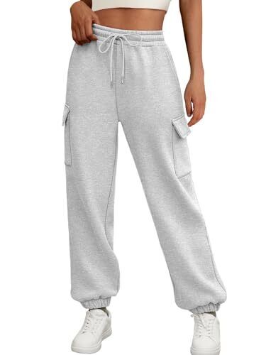 Womens Sweatpants Cargo Fleece Lined Baggy Athletic Jogger with Small Grey