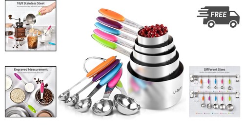 Durable Multicolor Measuring Cups & Spoons Set, 18/8 Stainless Steel - 10 Pieces - Picture 2 of 11