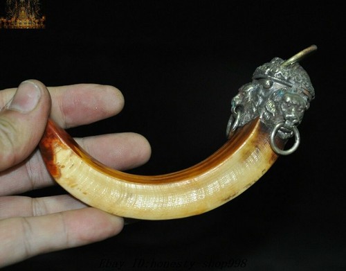 Old Chinese Fengshui Tibetan Silver inlay Wild boar teeth Amulet pendant Statue - Picture 8 of 11