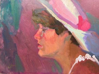 Signed Illegibly Monogrammed Oil Painting On Board Side View Portrait Vintage