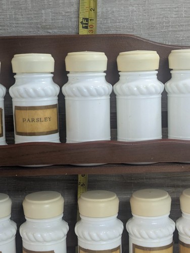 Vintage Empty Milk Glass Spice Jars (12 jars) in Wood Display Rack - Picture 4 of 7