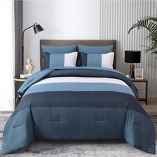Blue Striped Quilted 7 Piece Comforter  Fitted/Flat Sheet Set Pillowcases