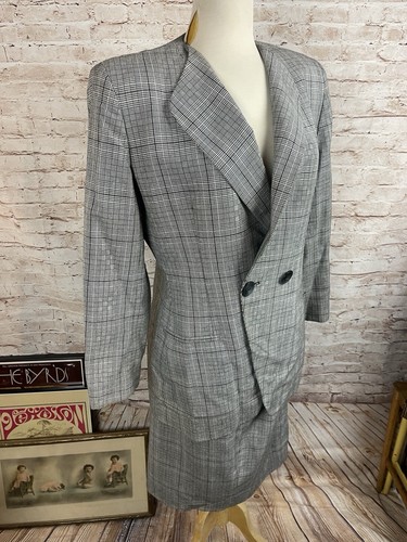 Vintage Christian Dior Black White Houndstooth Glen Plaid Jacket Skirt Set Sz 10 - Picture 12 of 21