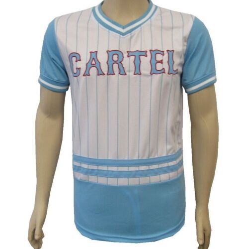 PINSTRIPE SHORT SLEEVE SHIRT EMBROIDERED FRONT & BACK CARTEL EL CHAPO NUMBER57  - Picture 1 of 6