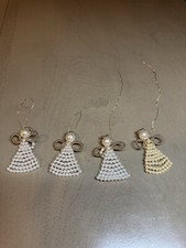 LOT OF 4 HANDMADE WHITE GOLD BEADED ANGEL ORNAMENTS