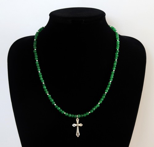 Necklace Beads D'Emerald And Silver Ornate of A Cross IN Sterling Silver - Picture 2 of 7