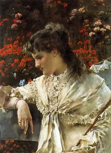 Ölgemälde Alfred Stevens - Träumerei junges Mädchen mit schönen Blumen in Frühlingskunst