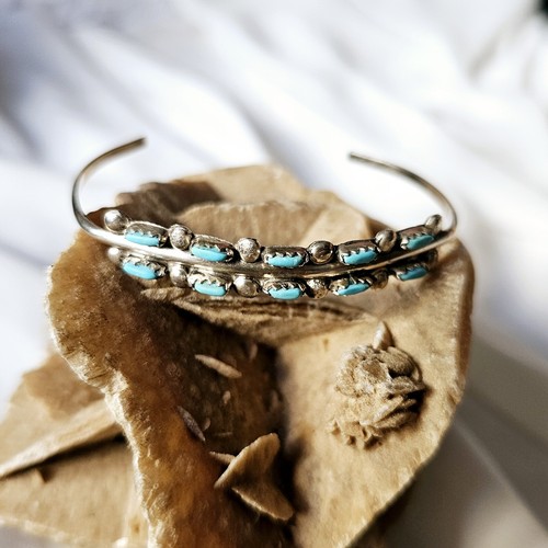 Bracelet Zuni Amérindien Turquoises Argent Sterling Signé DR Zuni Fin Poignet - Imagen 11 de 23