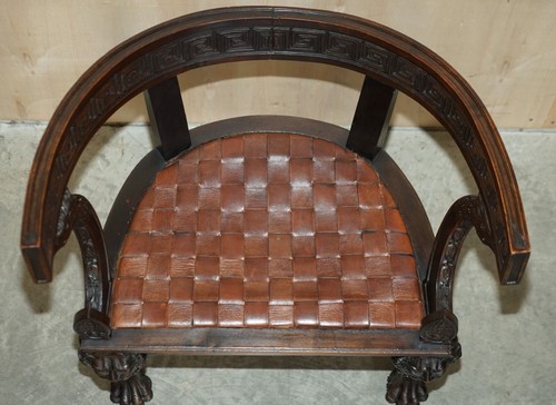 PAIR OF IMPORTANT ORIGINAL ANTIQUE KLISMOS ARMCHAIRS CARVED LIONS WOVEN LEATHER - Picture 7 of 12