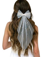 Bridal Pearl Hair Bow Veil Bachelorette Party Decorations White Bow Short Wed...