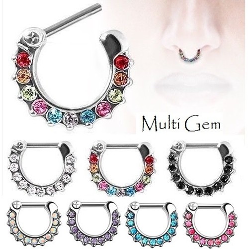 Gem Septum Ring - CZ Daith Ear Earring Nose Pierced Indian Clicker 230+ Designs - Picture 5 of 45