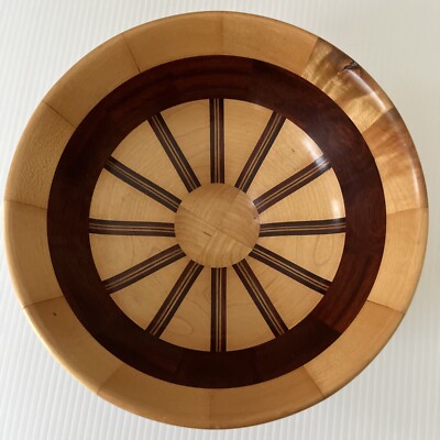 Vintage Wooden Bowl Hand Turned Segmented Signed Phil 8.5 x 3 in Handcrafted