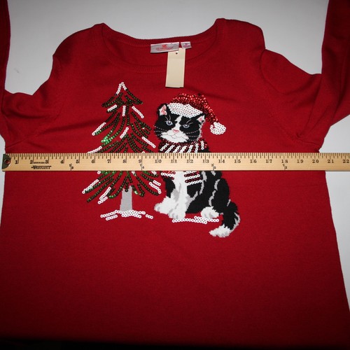 Quaker Factory Sz M Red Multi Sequin Kitty Cat With Xmas Tree Cotton Sweater - Picture 13 of 14